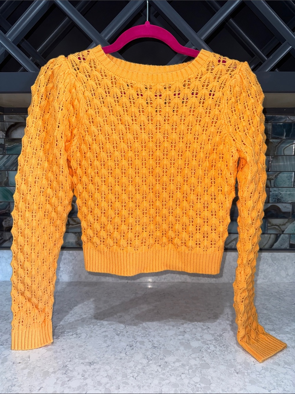 Sunny Yellow Open-Knit Crewneck Sweater